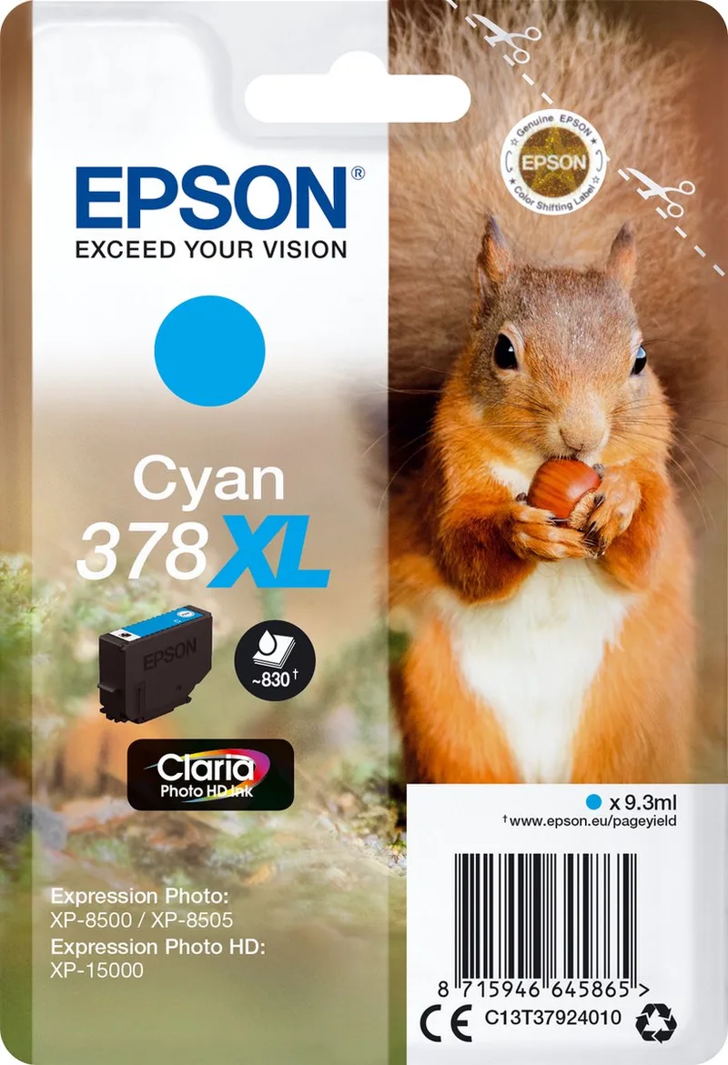 Squirrel 378XL Eekhoorn Claria Photo HD afzonderlijke inkt van Epson in Cyaan – productfoto