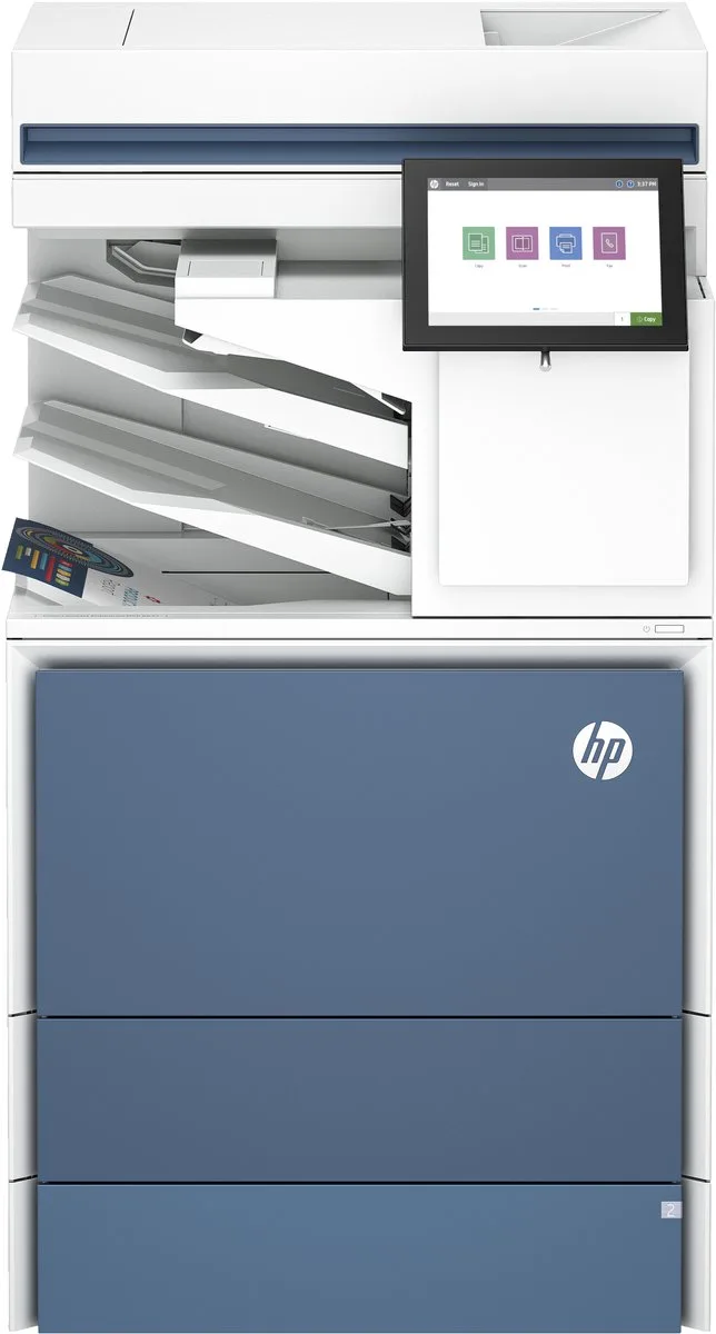 Color LaserJet Enterprise MFP X677s printer van HP in Blauw – productfoto