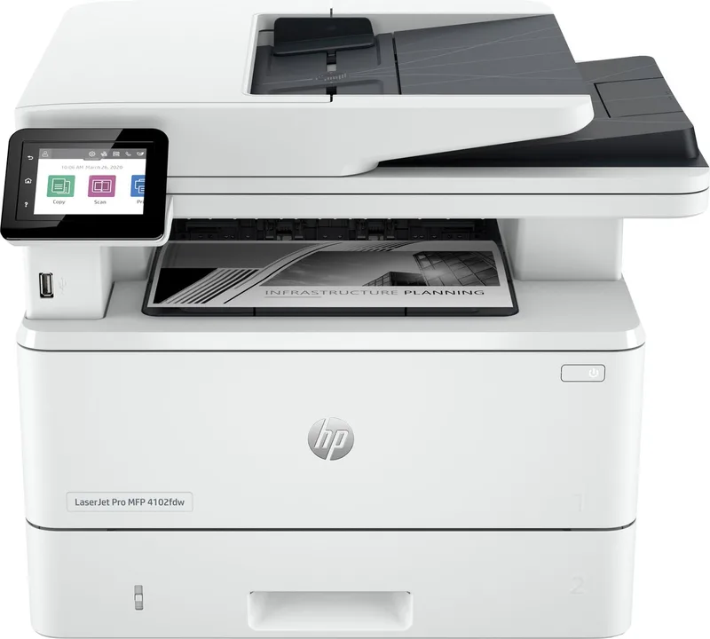 LaserJet Pro 4102dw Draadloos Multifunction Zwart-wit Printer, Kopieerapparaat, scanner; dubbelzijdig van HP in Wit – productfoto