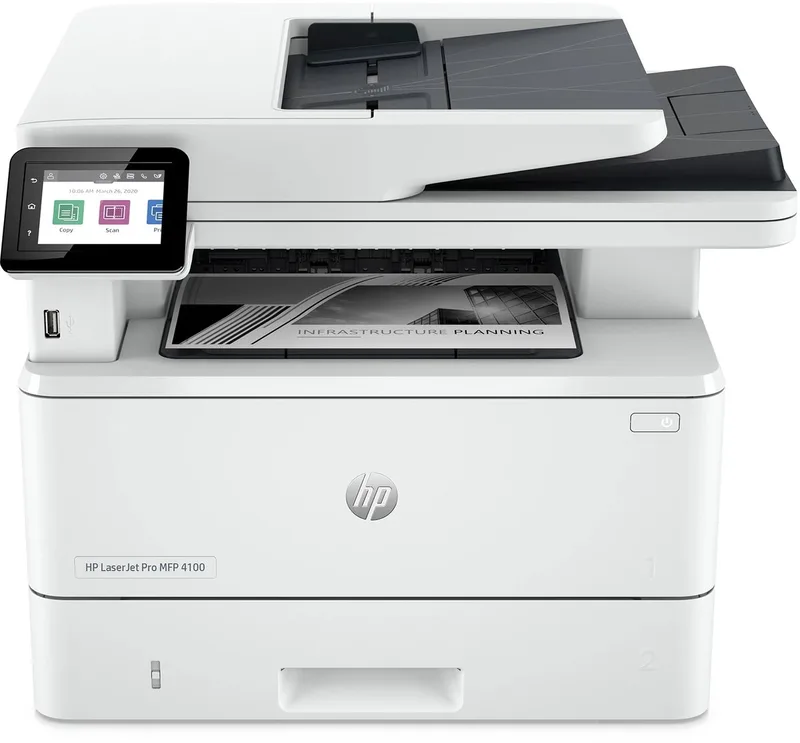 LaserJet Pro 4102fdn Multifunction Zwart-wit Printer, Alleen Ethernet; Kopieerapparaat, scanner van HP in Wit – productfoto