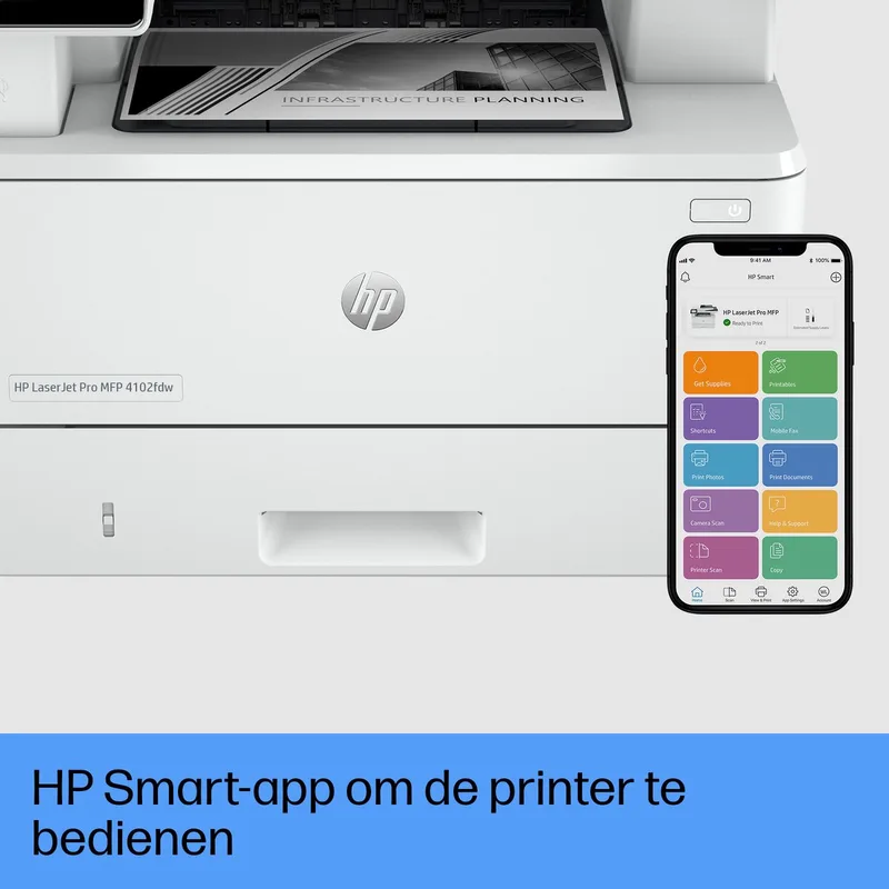 LaserJet Pro 4102fdw Draadloos Multifunction Zwart-wit Printer, Kopieerapparaat, scanner; dubbelzijdig by HP in White – product photo