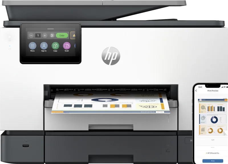 OfficeJet Pro 9130b A4, Tinte, 25/20S. SW/Col., MF, Fax fra HP – produktbillede