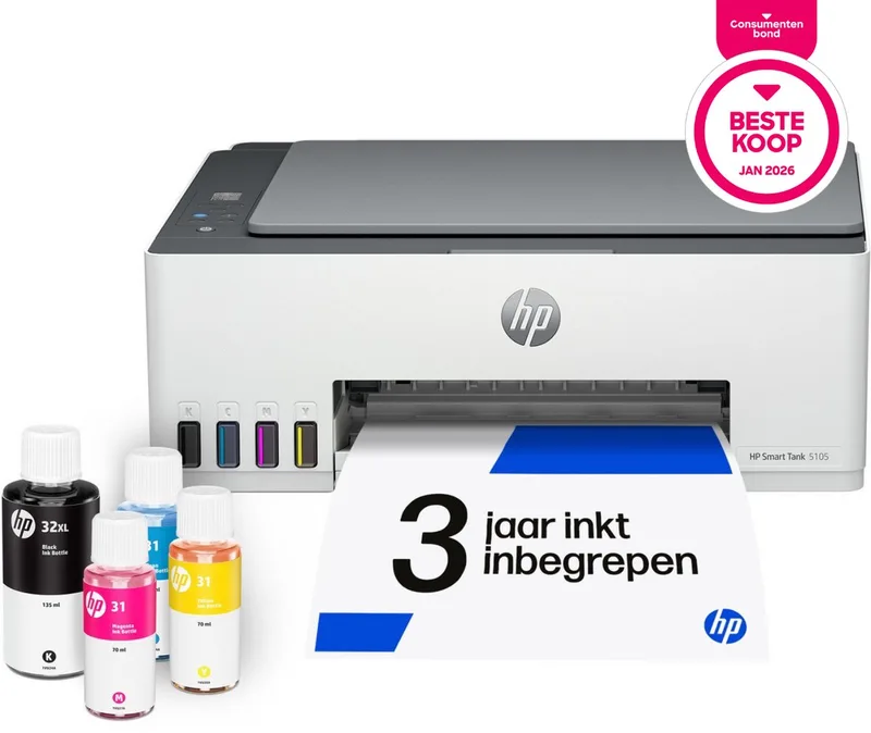 Smart Tank 5105 – All-in-One Kleurenprinter – Inkjet Tankprinter – Wifi & AirPrint – Tot 3 Jaar Printen met Meegeleverde Inkt – Printen, Scannen, Kopiëren – Zonder Cartridges van HP in Wit – productfoto