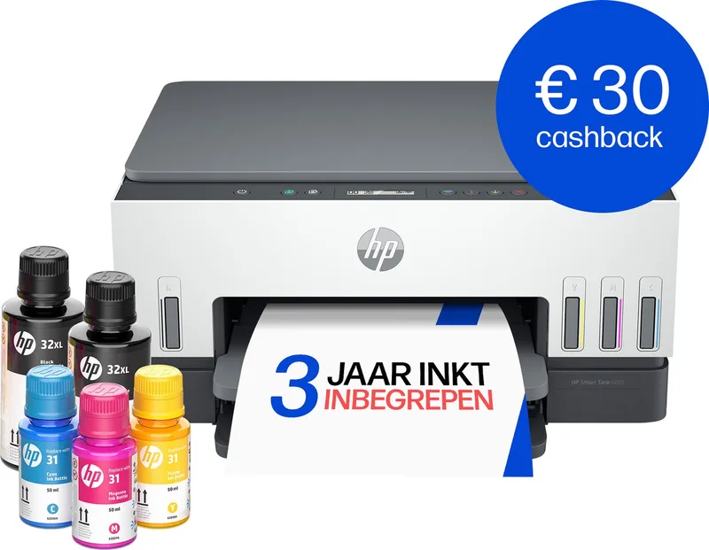Smart Tank 6005 – All-in-One Kleurenprinter – Inkjet Tankprinter – Wifi & AirPrint – Tot 3 Jaar Printen – Printen, Scannen, Kopiëren – Dubbelzijdig – Zonder Cartridges van HP in Wit – productfoto
