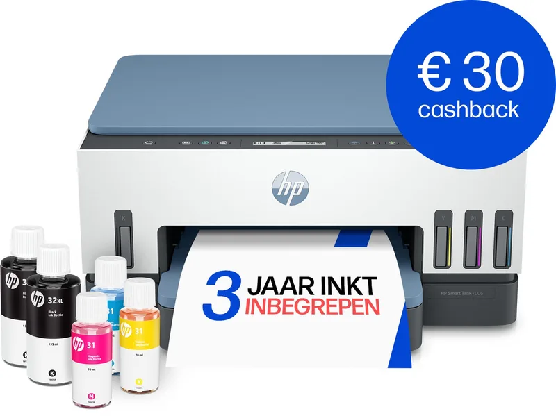 Smart Tank 7006 – All-in-One Kleurenprinter – Inkjet Tankprinter – Wifi & AirPrint – Tot 3 Jaar Printen – Printen, Scannen, Kopiëren – Dubbelzijdig – Zonder Cartridges by HP in White – product photo