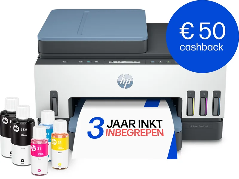 Smart Tank 7306 – All-in-One Kleurenprinter – Inkjet Tankprinter – Wifi, Ethernet & AirPrint – ADF – Tot 3 Jaar Printen – Printen, Scannen, Kopiëren – Dubbelzijdig – Zonder Cartridges by HP in White – product photo