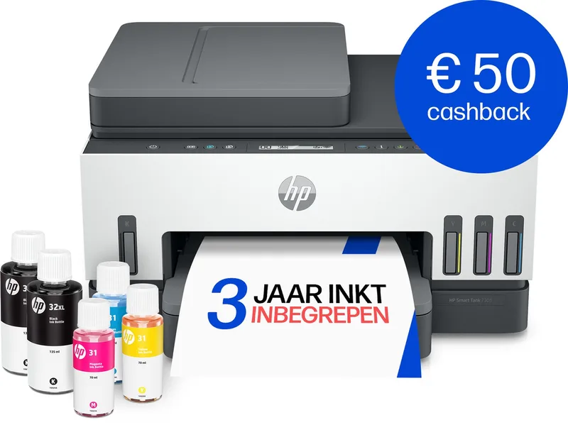 Smart Tank 7605 – All-in-One Kleurenprinter – Inkjet Tankprinter – Wifi, Ethernet & AirPrint – ADF & Fax – Tot 3 Jaar Printen – Printen, Scannen, Kopiëren, Faxen – Zonder Cartridges van HP in Wit – productfoto