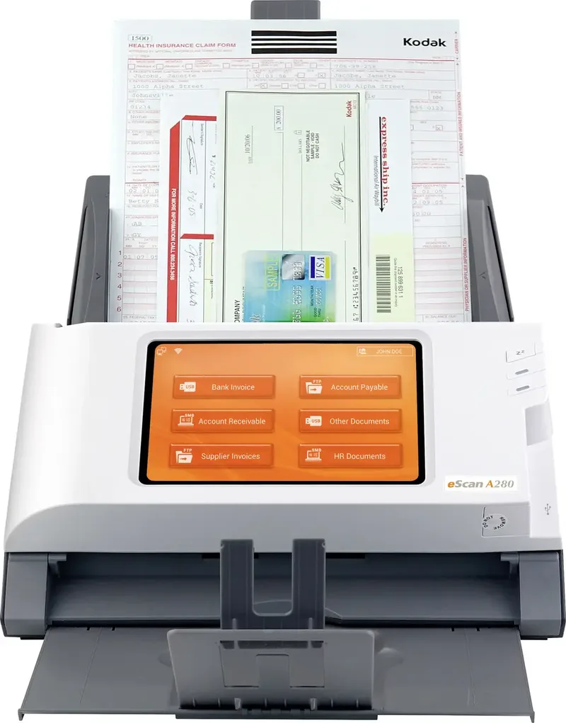 eScan A280 Enterprise Documentscanner duplex 216 x 1676 mm 600 x 600 dpi 20 pag./min. RJ45, USB-A 2.0, WiFi fra Plustek i Hvid, Grå – produktbillede
