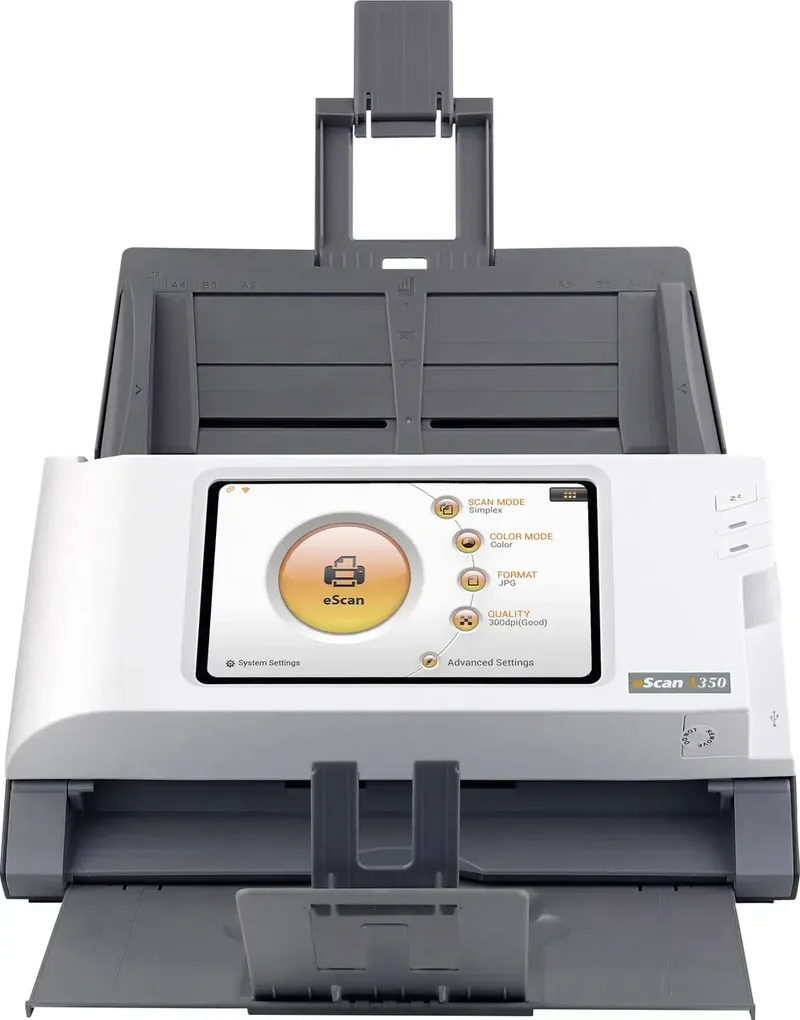 eScan A350 Essential Documentscanner duplex A4 600 x 600 dpi 25 pag./min., 50 Beelden/min USB, LAN (10/100 MBit/s), WiFi von Plustek in Weiß – Produktfoto