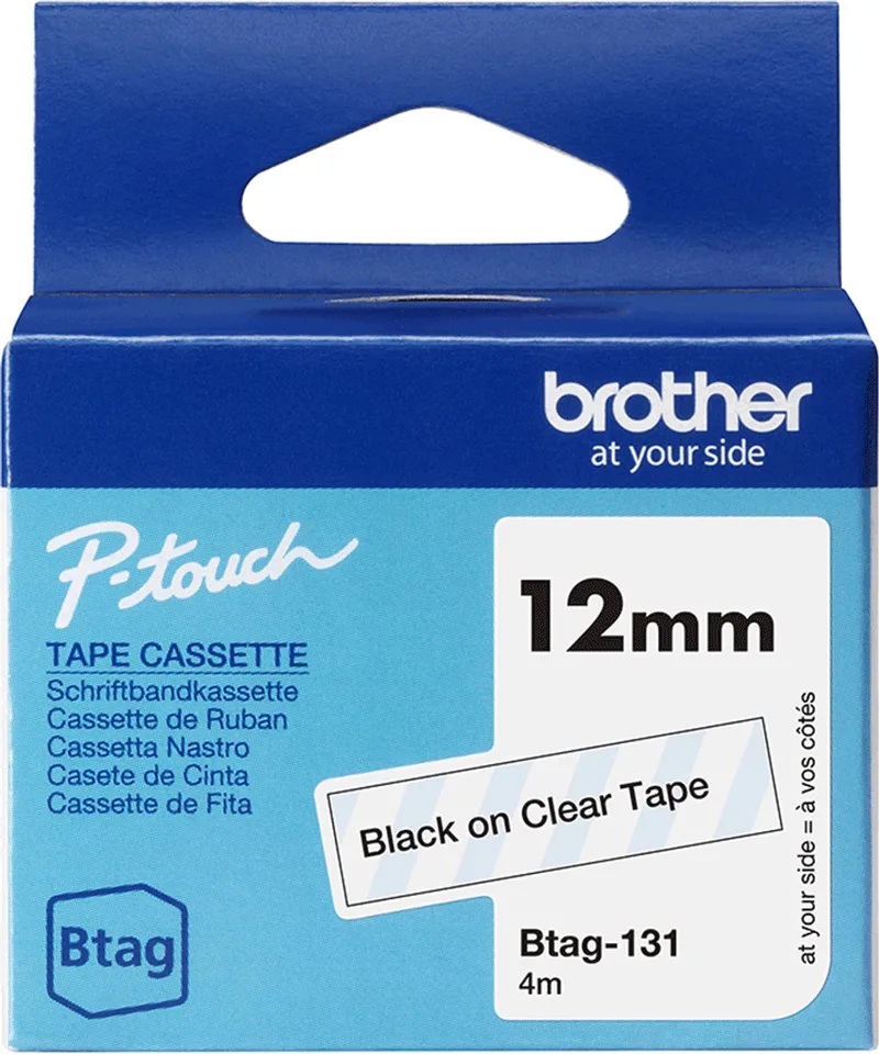 Btag-131 zwart op transparant labeltape – breedte 12 mm van Brother in Zwart op zilver – productfoto