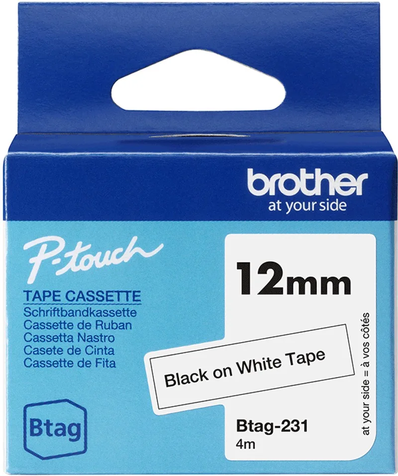 Btag-231 labeltape – breedte 12 mm van Brother in Zwart op wit – productfoto