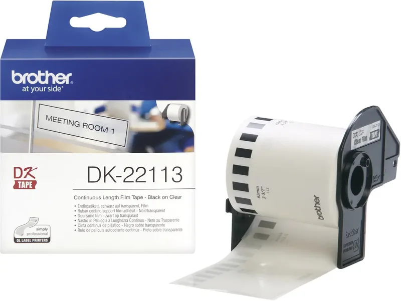 Etikettrulle 62 mm x 15.24 m Folie Transparent 1 st Permanent DK22113 Universaletiketter från Brother – produktbild 1 av 2