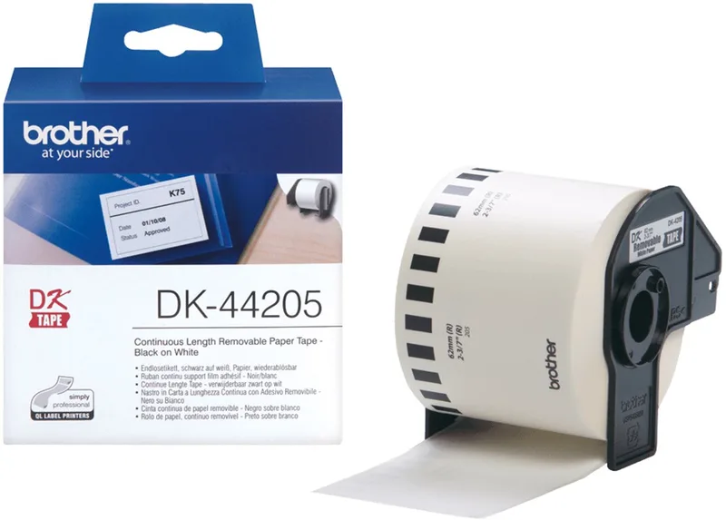 DK-44205 Continue Length Tape: 62mm - Thermal paper - white - removable (30.48m) van Brother in Wit – productfoto