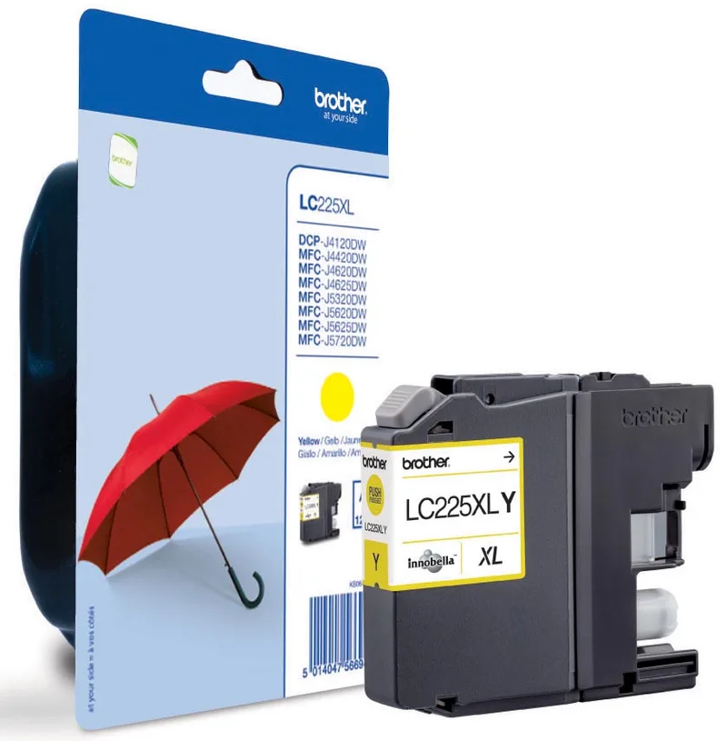 inktcartridge, 1.200 pagina's, OEM LC-225XLY, geel, op blister van Brother – productfoto