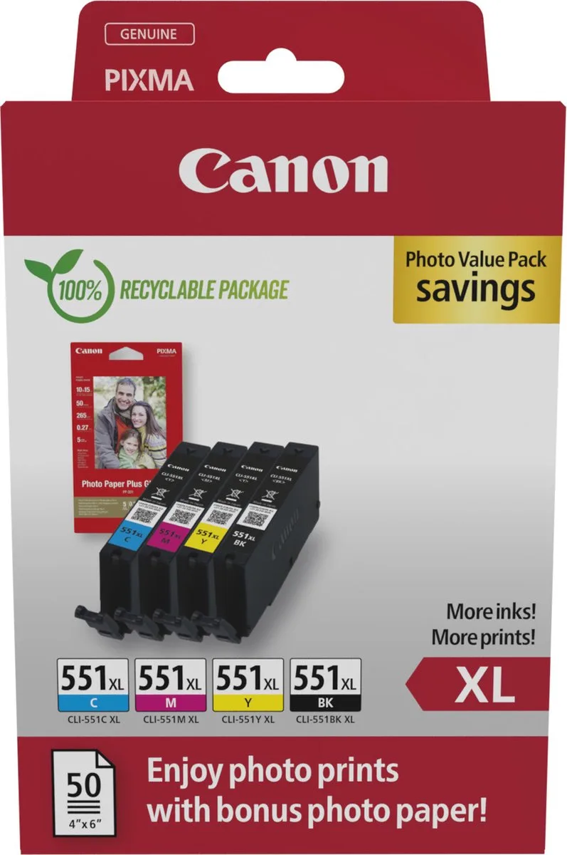 CLI-551XL - Inktcartridge - Origineel - Hoge capaciteit - Kleur van Canon in Zwart – productfoto 1 van 2