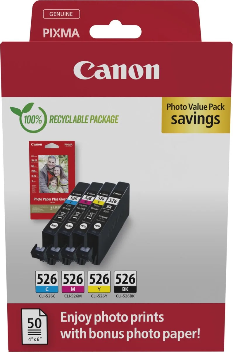 Inktcartridge CLI-526 BK/C/M/Y Photo Value Pack Origineel Combipack Zwart, Cyaan, Magenta, Geel 4540B019 van Canon – productfoto 1 van 2