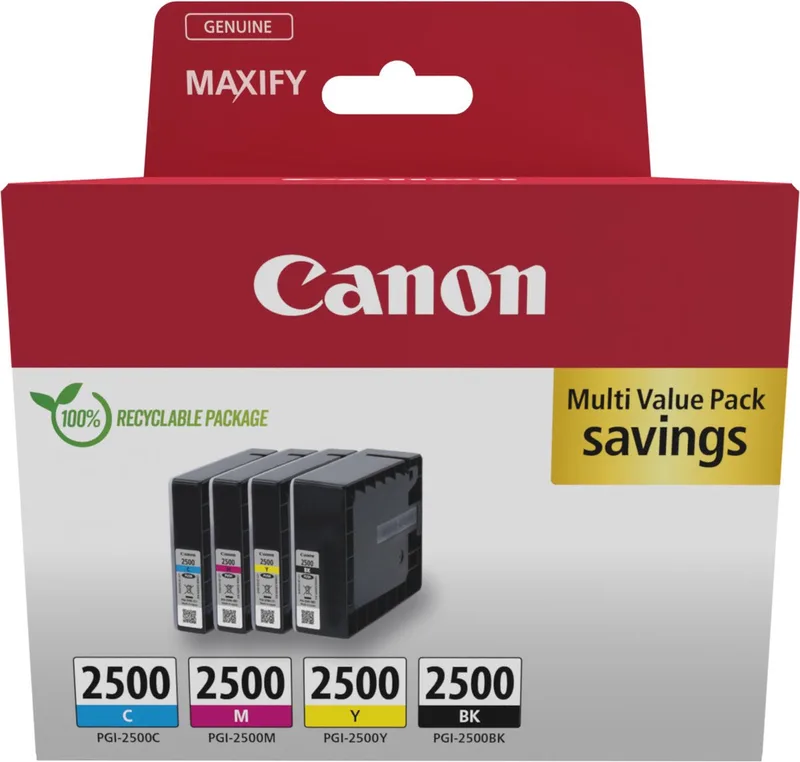 Inktcartridge PGI-2500 BK/C/M/Y Multipack Origineel Combipack Zwart, Cyaan, Magenta, Geel 9290B006 van Canon in Zwart, Cyaan, Magenta, Geel – productfoto 1 van 2