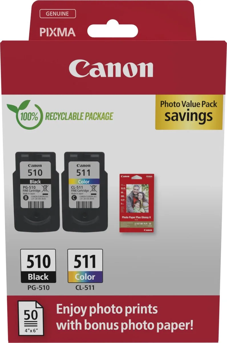 PG-510/CL-511 2970B017 inktcartridge - 2 stuk(s) - Origineel - Cyaan, Magenta, Geel + Retourzakje von Canon in Schwarz – Produktfoto 1 von 2