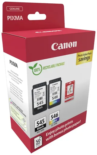PG-545 + CL-546 - Inktcartridge - Origineel - Standaard capaciteit - Kleur en + 50 sheets fotopapier by Canon in Black – product photo 2 of 2