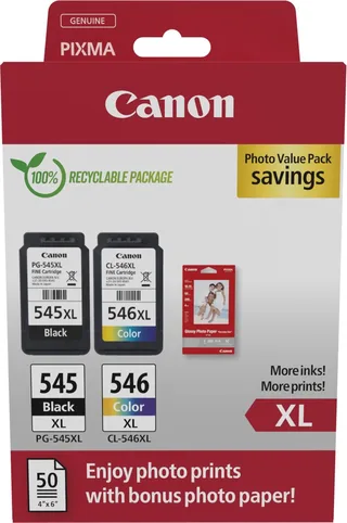 PG-545XL + CL-546XL - Inktcartridge - Hoge capaciteit - 50 sheets fotopapier - en Zwart van Canon in Kleur – productfoto 1 van 2