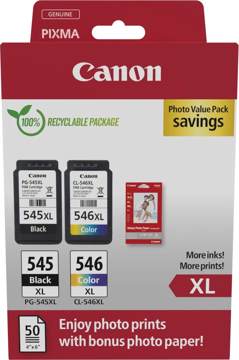PG-545XL + CL-546XL - Inktcartridge - Hoge capaciteit - 50 sheets fotopapier - en Zwart van Canon in Kleur – productfoto 1 van 2