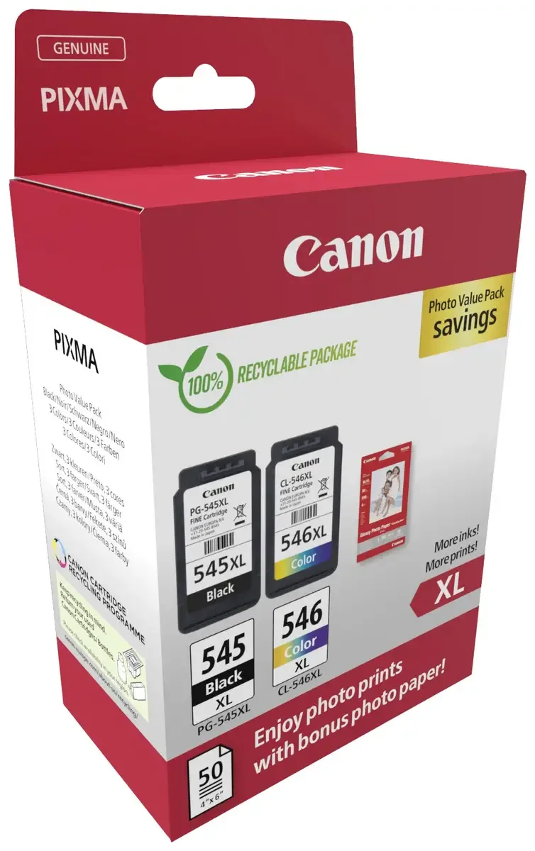 PG-545XL + CL-546XL - Inktcartridge - Hoge capaciteit - 50 sheets fotopapier - en Zwart van Canon in Kleur – productfoto 2 van 2