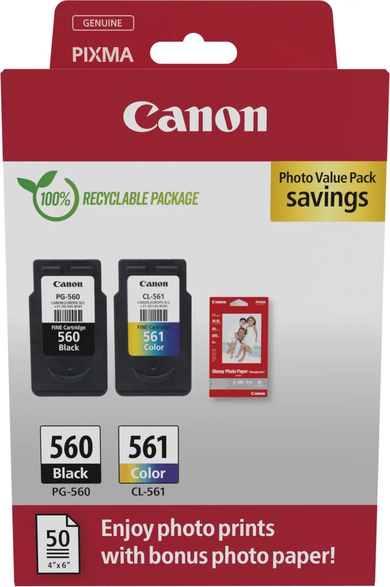 PG-560/CL-561 3713C008 inktcartridge - 2 stuk(s) - Origineel - Cyaan, Magenta, Geel + Retourzakje van Canon in Zwart – productfoto 1 van 2