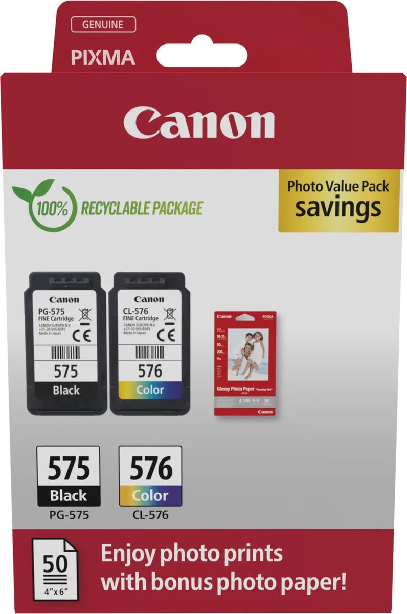 PG-575 + CL-576 - Inktcartridge - Origineel - Standaard formaat - en Kleur - 50x Glossy fotopapier by Canon in Black – product photo