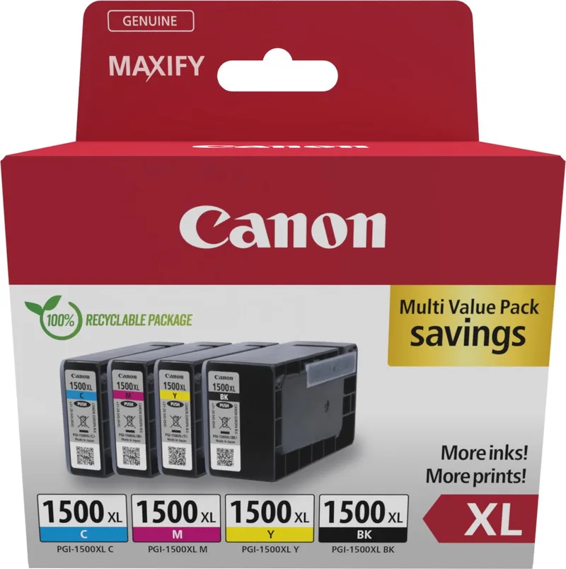 pgi-1500xl 9182B010 inktcartridge - 4 stuk(s) - Origineel - Hoog (XL) rendement - Cyaan, Magenta, Geel + Retourzakje van Canon in Zwart – productfoto 1 van 2