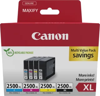 pgi-2500xl 9254B010 inktcartridge - 4 stuk(s) - Origineel - Hoog (XL) rendement - Cyaan, Magenta, Geel + Retourzakje från Canon i Svart – produktbild 1 av 2