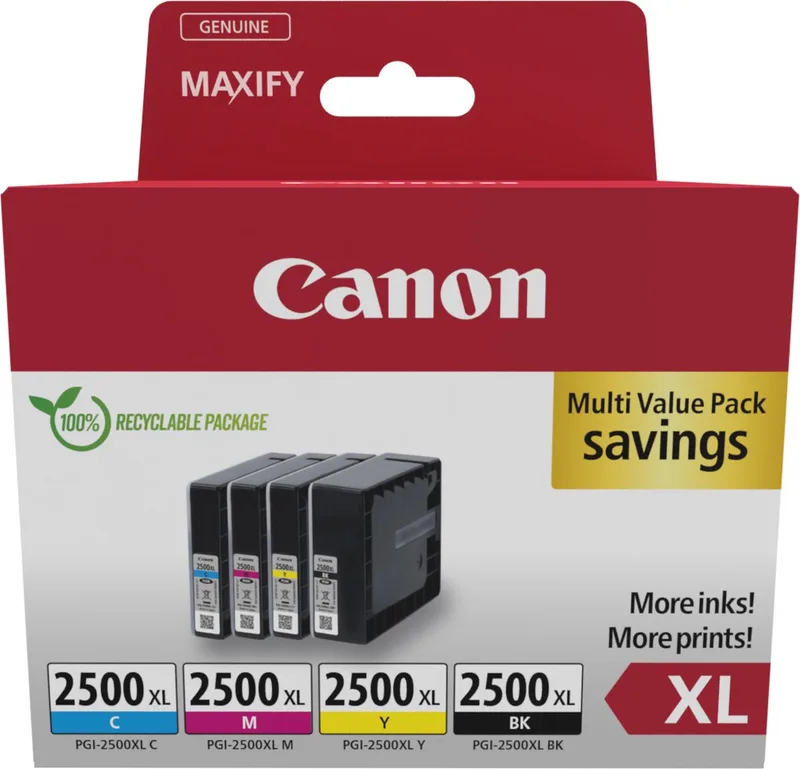 pgi-2500xl 9254B010 inktcartridge - 4 stuk(s) - Origineel - Hoog (XL) rendement - Cyaan, Magenta, Geel + Retourzakje från Canon i Svart – produktbild 1 av 2