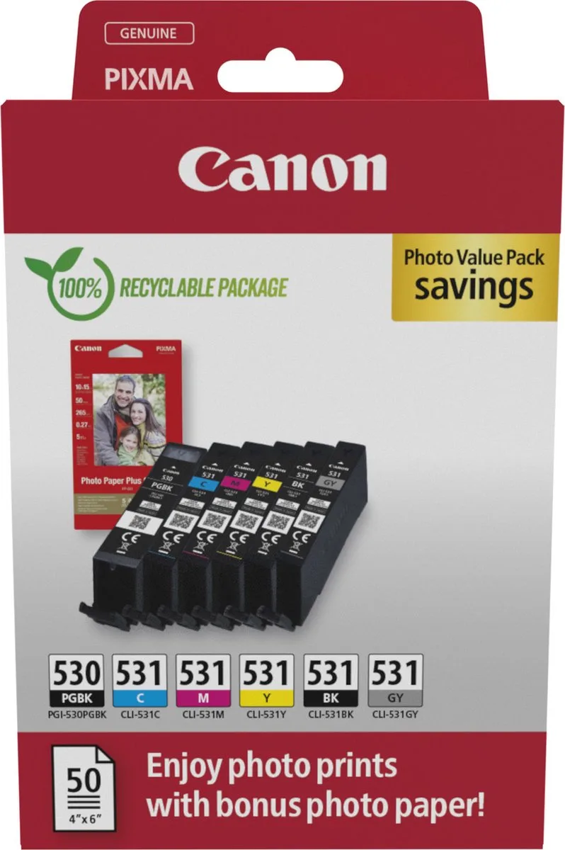 PGI-530/CLI-531 PVP inktcartridge 6 stuk(s) Origineel Zwart, Cyaan, Grijs, Magenta, Foto zwart, Geel de Canon en Noir, Cyaan, Gris, Magenta, Foto zwart, Jaune – photo produit