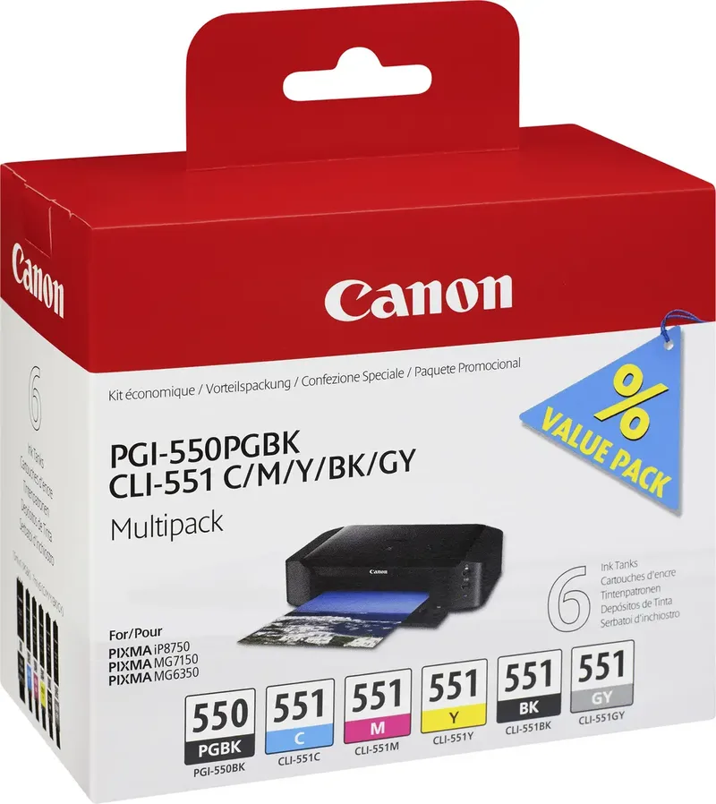 PGI-550 / CLI-551 - Inktcartridge / Zwart / Geel / Magenta / Cyaan / Pigment Zwart / Grijs van Canon in Zwart – productfoto 2 van 2
