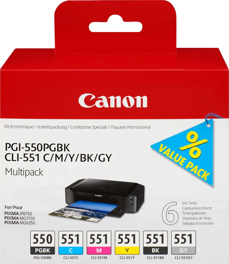 PGI-550 / CLI-551 - Inktcartridge / Zwart / Geel / Magenta / Cyaan / Pigment Zwart / Grijs van Canon in Zwart – productfoto 1 van 2