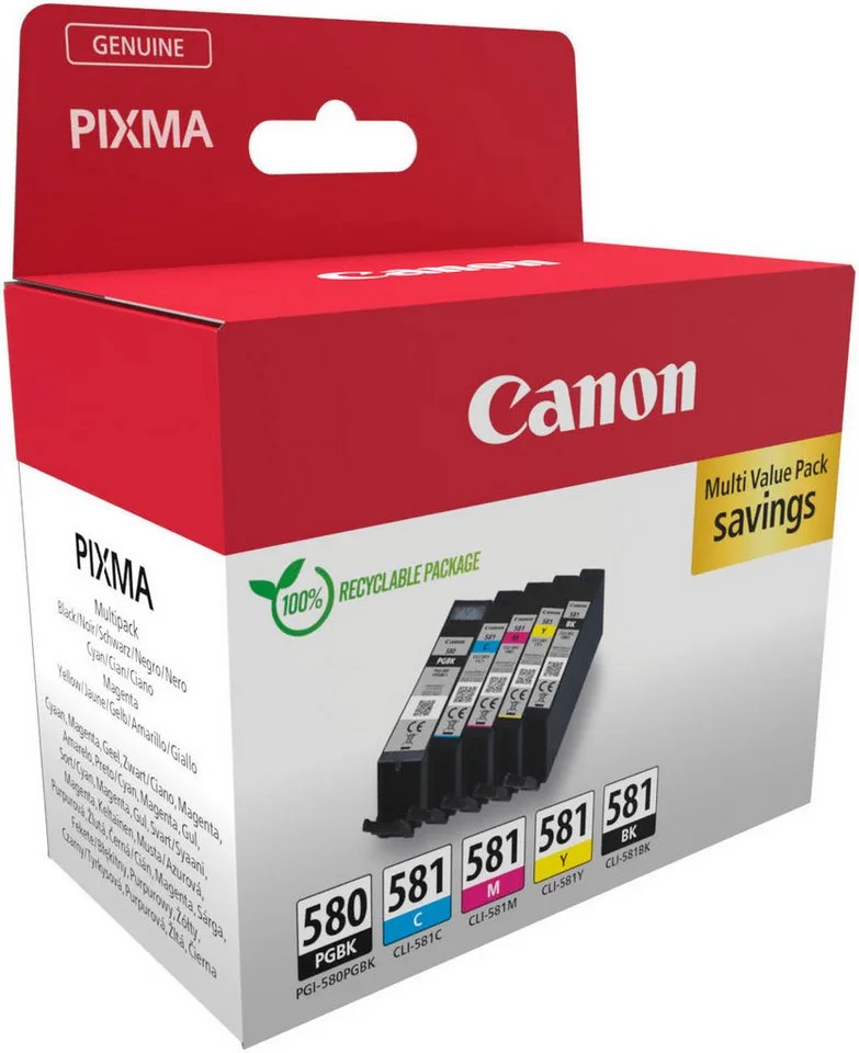PGI-580BK/CLI-581 BK/C/M/Y Pigment- und Farbstofftinte Multipack Tintenpatrone von Canon in Mehrfarbig, Gelb, Schwarz – Produktfoto 1 von 6