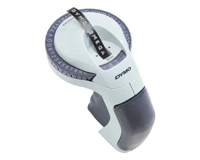 Beschriftungsgerät Omega, Prägegerät mit Drehregler von DYMO in Blau – Produktfoto