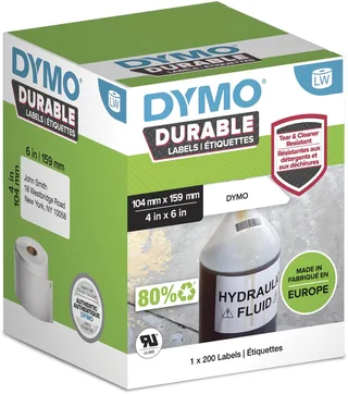 LabelWriter Hochleistungs-Etiketten 104 mm x 159 mm weies Kunststoff-Etikett Rolle mit 200 Etiketten von DYMO in Weiß – Produktfoto 1 von 2