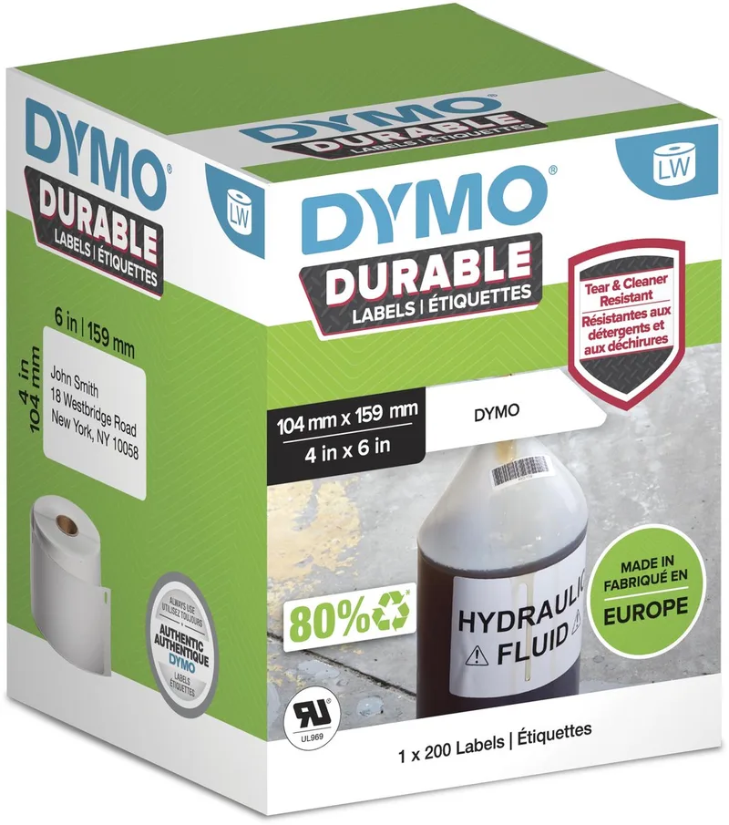 LabelWriter Hochleistungs-Etiketten 104 mm x 159 mm weies Kunststoff-Etikett Rolle mit 200 Etiketten von DYMO in Weiß – Produktfoto 1 von 2