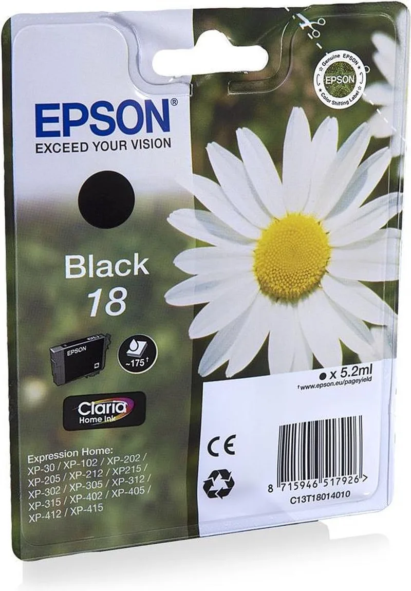 EPSON 18 inktcartridge standard capacity 5.2ml 175 paginas 1-pack RF-AM blister van Epson in Zwart – productfoto