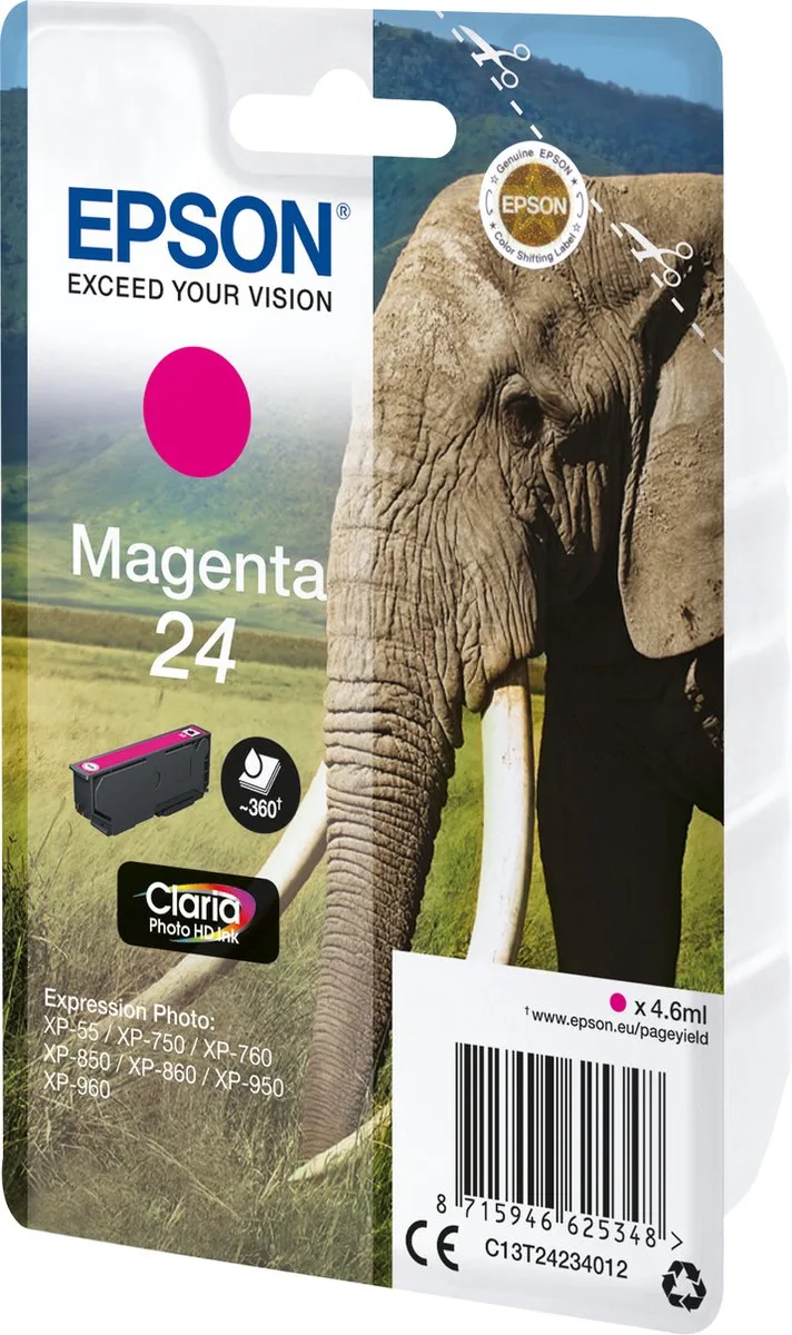 EPSON 24 inktcartridge standard capacity 4.6ml 360 paginas 1-pack RF-AM blister van Epson in Magenta – productfoto
