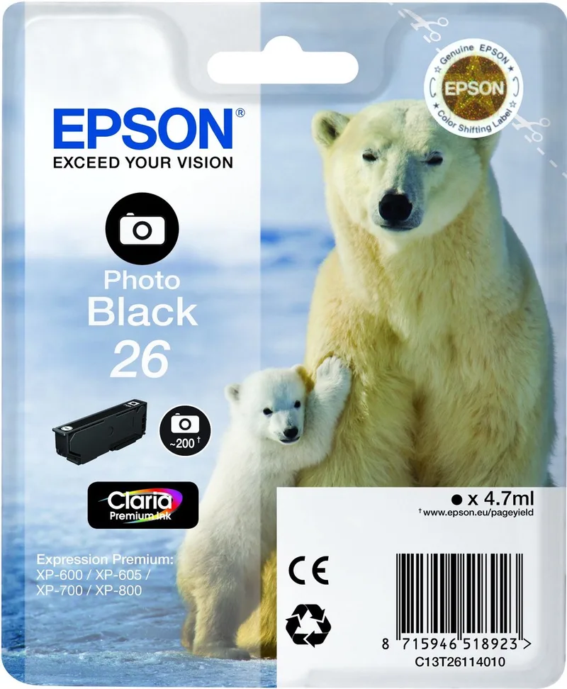 EPSON 26 inktcartridge foto standard capacity 4.7ml 200 photos 1-pack RF-AM blister by Epson in Black – product photo