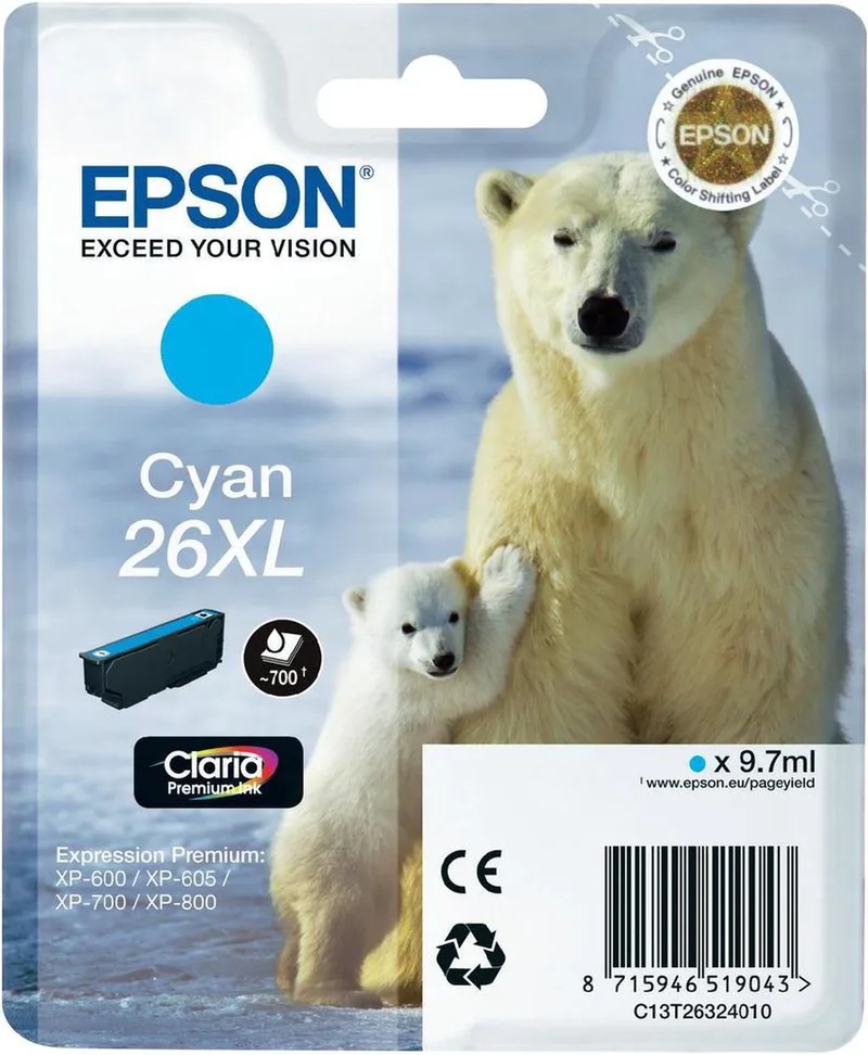 EPSON 26XL inktcartridge high capacity 9.7ml 700 paginas 1-pack RF-AM blister van Epson in Cyaan – productfoto