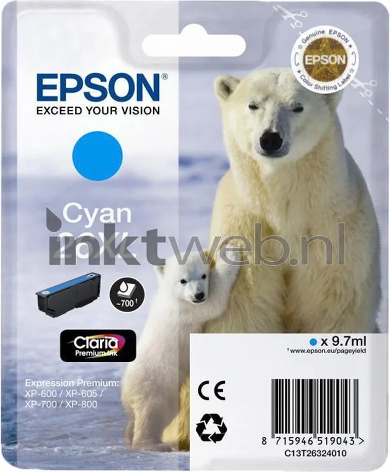 Epson 26XL (T2632) - Inktcartridge / Hoge Capaciteit by Epson in Cyaan – product photo