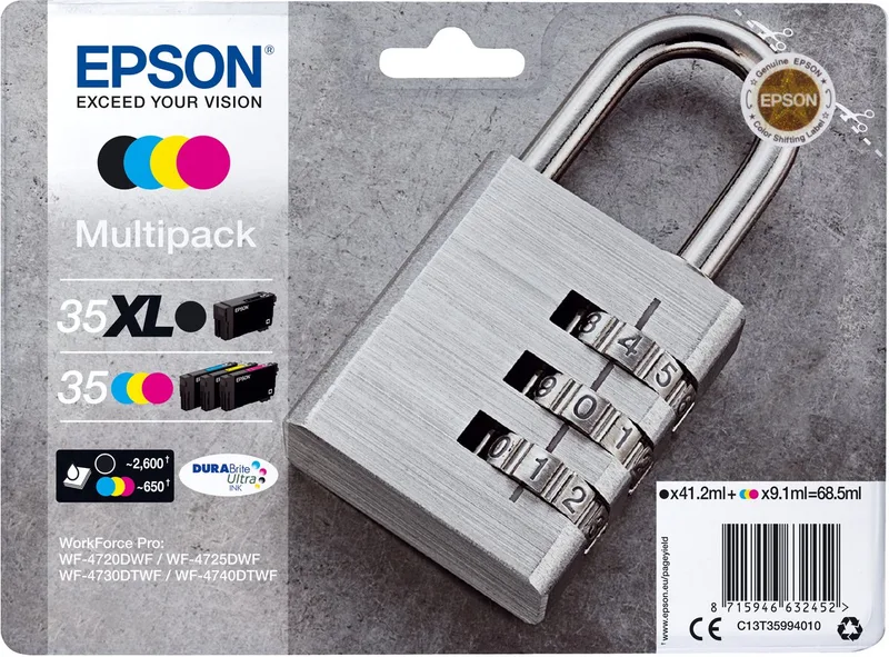 Epson 35XL Inktcartridges Zwart, Cyaan, Magenta, Geel - 4-Pack van Epson in Zwart, Cyan, Magenta, Geel – productfoto