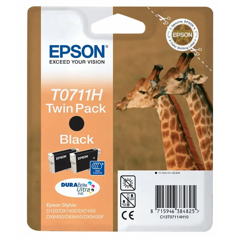 Giraffe Dubbelpack Inktpatroon Black T0711H, duoverpakking T0711H DURABrite Ultra Ink (C13T07114H10) von Epson – Produktfoto