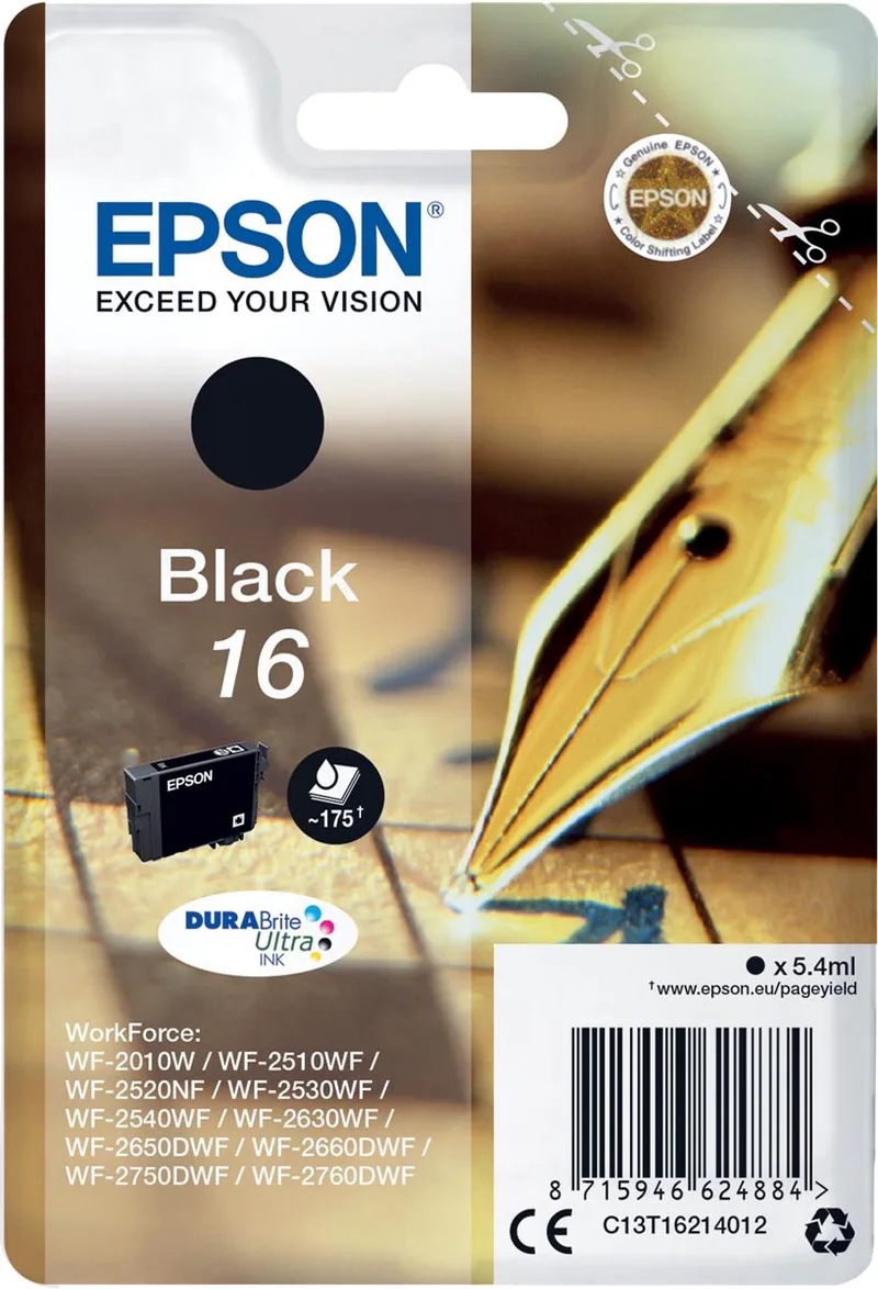 inktcartridge 16, 175 pagina's, OEM C13T16214012, 10 stuks van Epson in Zwart – productfoto