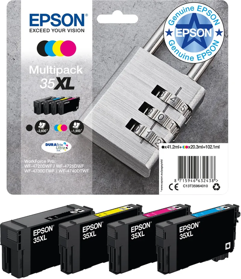 Padlock 35XL Hangslot DURABrite Ultra multipack vierkleureninkt by Epson in Black, Cyaan, Magenta, Yellow – product photo