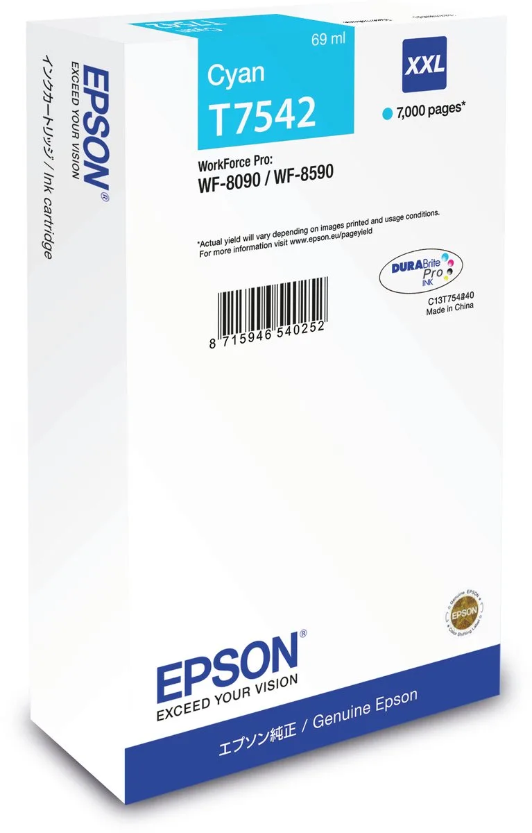 T7542 inktcartridge 1 stuk(s) Origineel Hoog (XL) rendement van Epson in Cyaan – productfoto