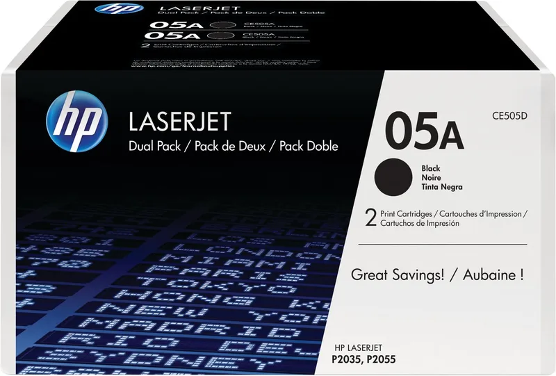 HP 05A (CE505D) - Originele Laserjet Tonercartridge - Zwart - 2 Pack van HP in Zwart – 2 Pack – productfoto