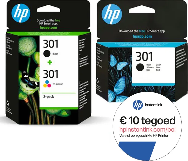 HP 301 - Inktcartridge - Origineel - Standaard capaciteit - Kleur & 2x Zwart - 3-pack + Instant Ink tegoed by HP in Black – product photo